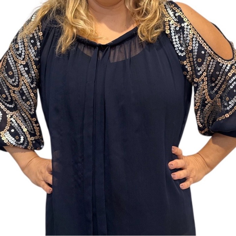 Navy Blue Woman’s Blouse Shoulder Top with Sequin Detail